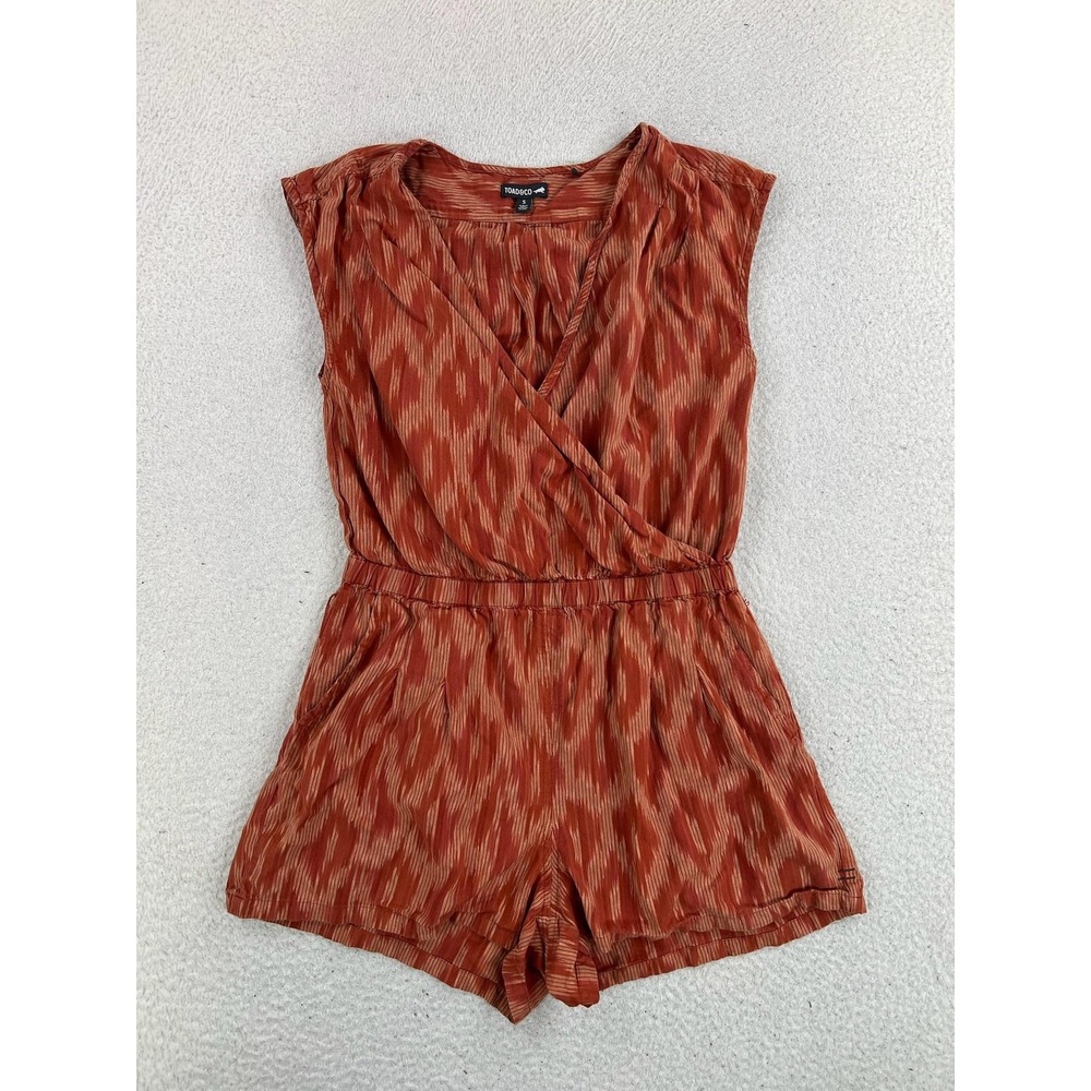 Toad&Co Shakti Romper Womens Small Orange Ikat Organic Cotton V Neck T1112914